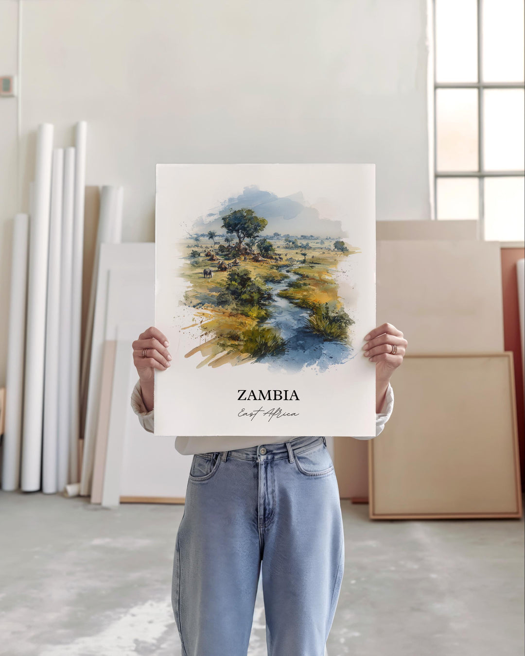 Zambia Wall Art, Zambia Print, Zambia Watercolor Art, Zambia Country Gift, Travel Print, Travel Poster, Housewarming Gift