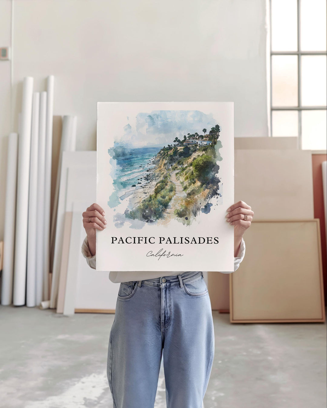 a woman holding a sign that says pacific palisides