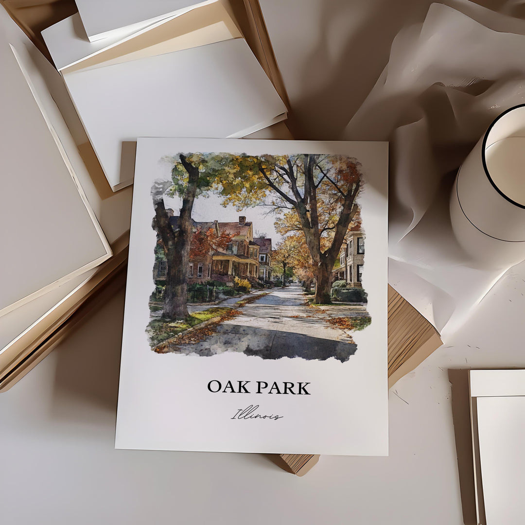Oak Park IL Wall Art, Cook County Print, Chicago Suburbs Watercolor Art, Oak Park Gift, Travel Print, Travel Poster, Housewarming Gift