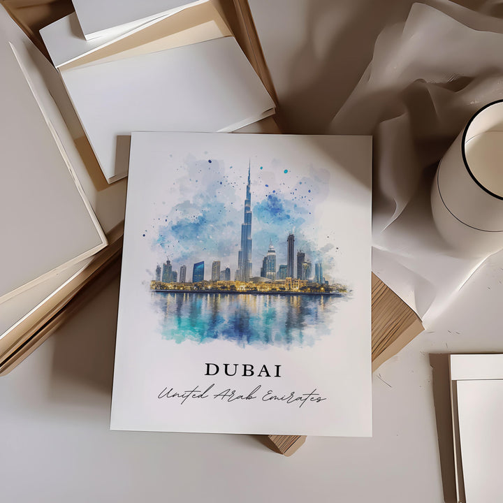 Dubai UAE Wall Art, Dubai Print, Dubai Skyline Watercolor Art, United Arab Emirates Art Gift, Travel Poster, Housewarming Gift