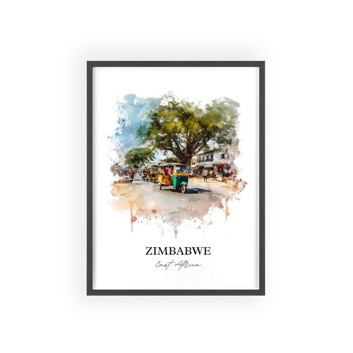 Zimbabwe Wall Art, Zimbabwe Print, Zimbabwe Watercolor Art, Zimbabwe Country Gift, Travel Print, Travel Poster, Housewarming Gift