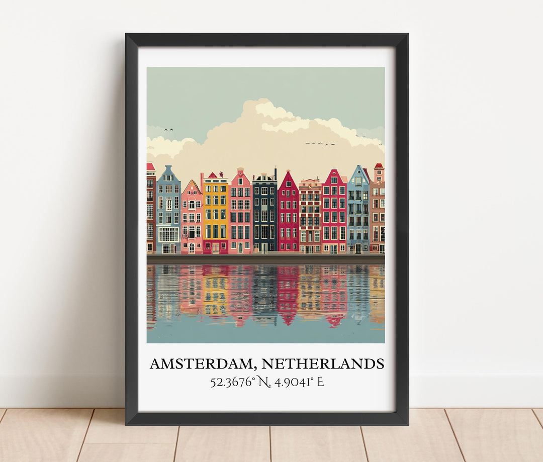 Amsterdam Canals Art, Amsterdam Retro Travel Art, Amsterdam Decor, Netherlands Gift, Netherlands Travel Art, Europe Travel Prints