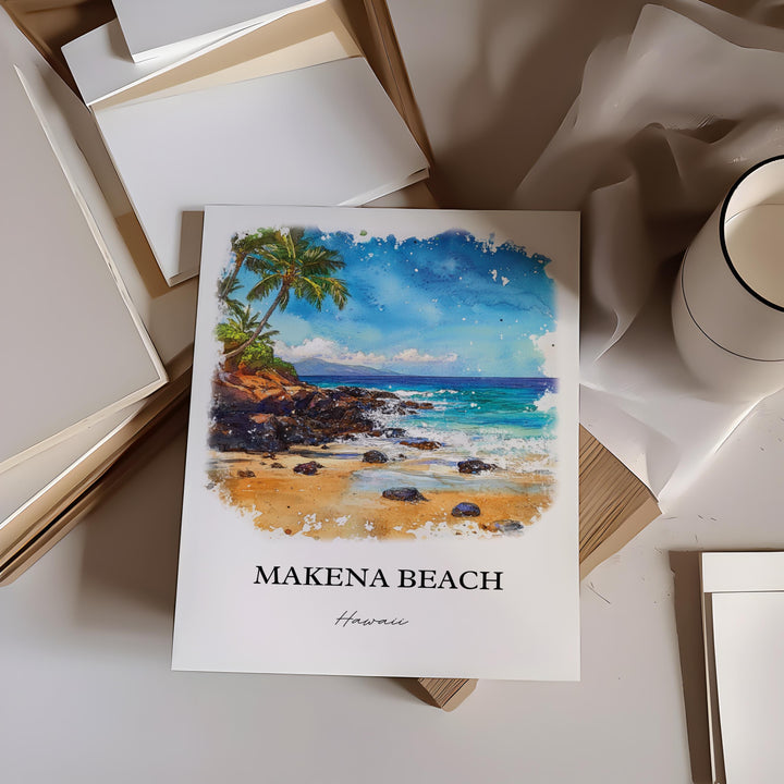 Makena Beach Wall Art, Kihei Print, Hawaii Watercolor Art, Makena Beach Gift, Travel Print, Travel Poster, Housewarming Gift