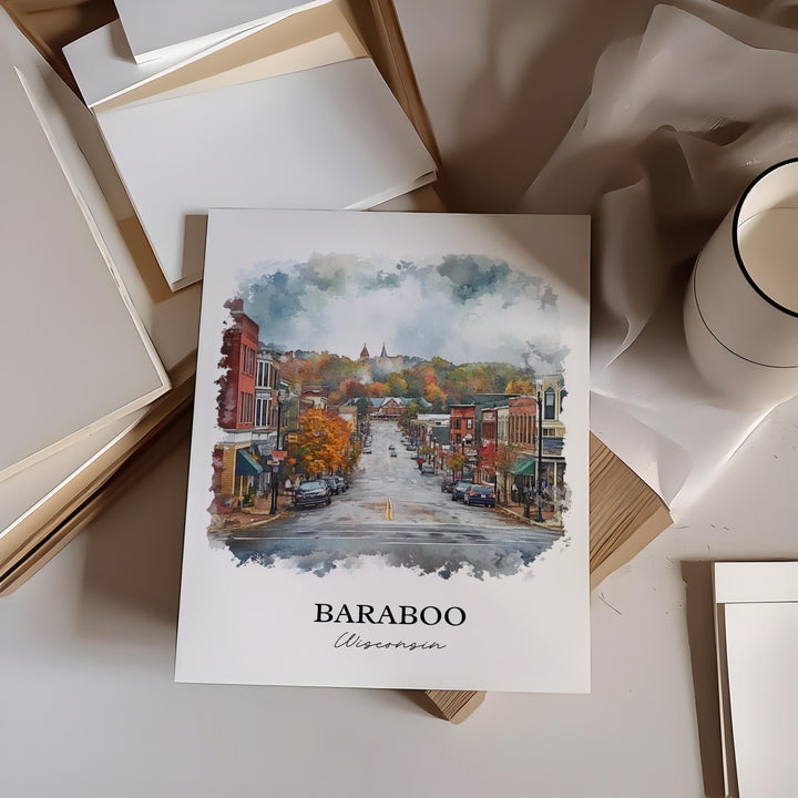 Baraboo WI Wall Art, Sauk County Print, Wisconsin Watercolor Art, Baraboo Gift, Travel Print, Travel Poster, Housewarming Gift