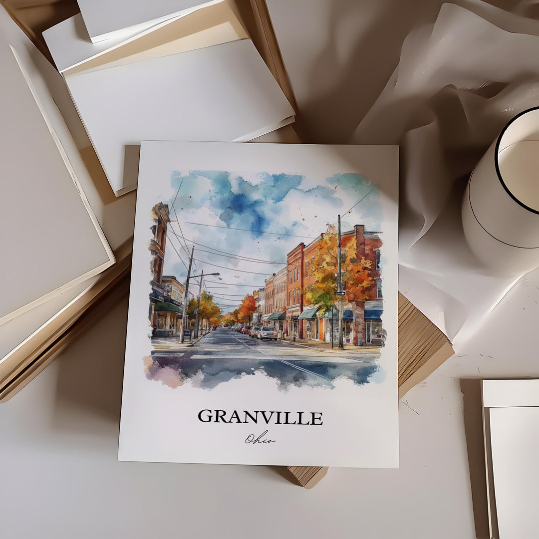 Granville OH Wall Art, Licking County Print, Ohio Watercolor Art, Granville Ohio Gift, Travel Print, Travel Poster, Housewarming Gift