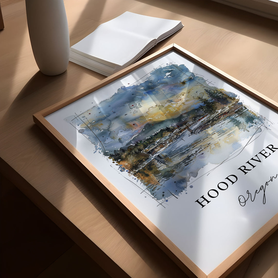 Hood River Oregon Art, Hood River OR Print, Hood River Watercolor Art, Hood River OR Gift,