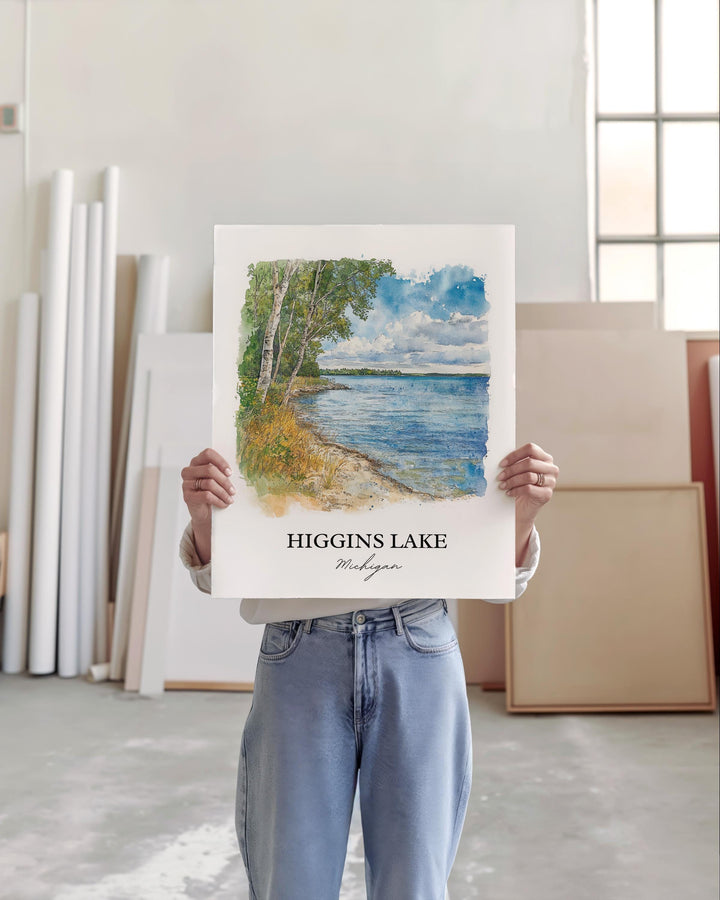 Higgins Lake MI Wall Art, Roscommon County Print, Michigan Watercolor Art, Higgins Lake Gift, Travel Print, Travel Poster, Housewarming Gift
