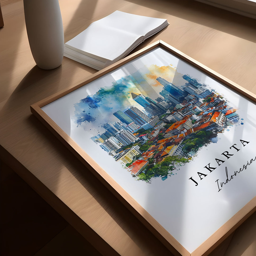 Jakarta watercolor travel art - Indonesia, Jakarta print, Jakarta Wedding gift, Birthday present, Custom Text, Perfect Gift