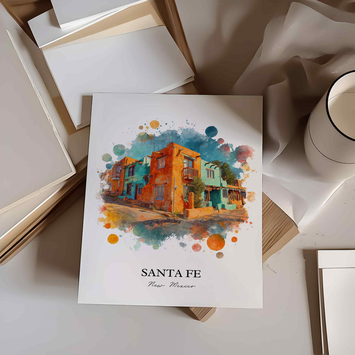 Santa Fe Wall Art, New Mexico Print, Santa Fe NM Watercolor Art, New Mexico Gift, Travel Print, Travel Poster, Housewarming Gift