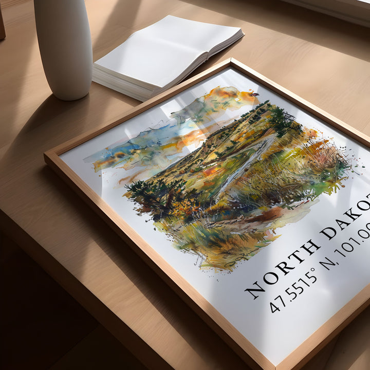 North Dakota wall art - North Dakota print with coordinates, Framed and Unframed Options - Personalization Available