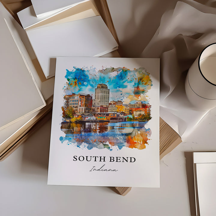 South Bend IN Wall Art, South Bend Print, South Bend Watercolor, Notre Dame South Bend Gift,