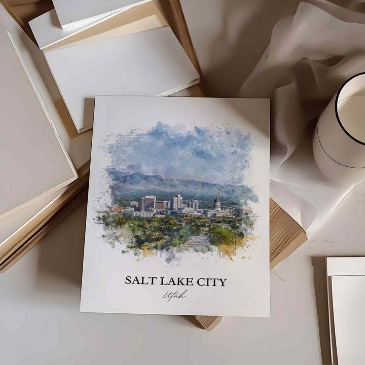 Salt Lake City Wall Art, SLC Print, Utah Watercolor Art, Salt Lake City Skyline Gift, Travel Print, Travel Poster, Housewarming Gift