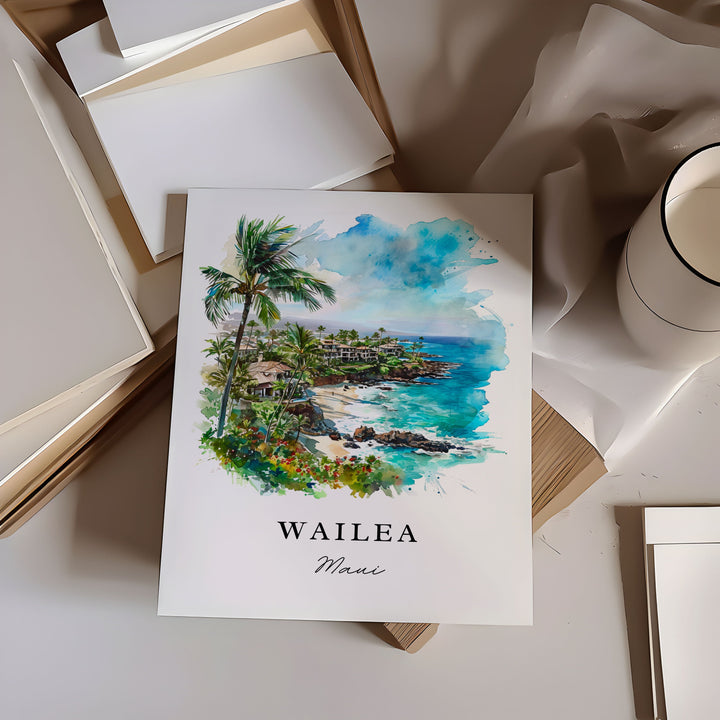 Wailea traditional travel art - Maui Hawaii, Wailea print, Wedding gift, Birthday present, Custom Text, Perfect Gift