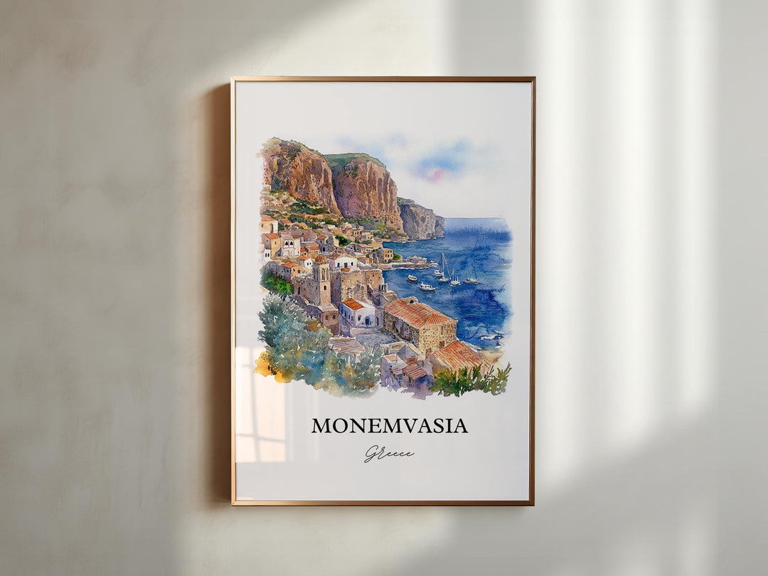 Monemvasia Wall Art, Laconia Print, Greece Watercolor Art, Monemvasia Gift, Travel Print, Travel Poster, Housewarming Gift