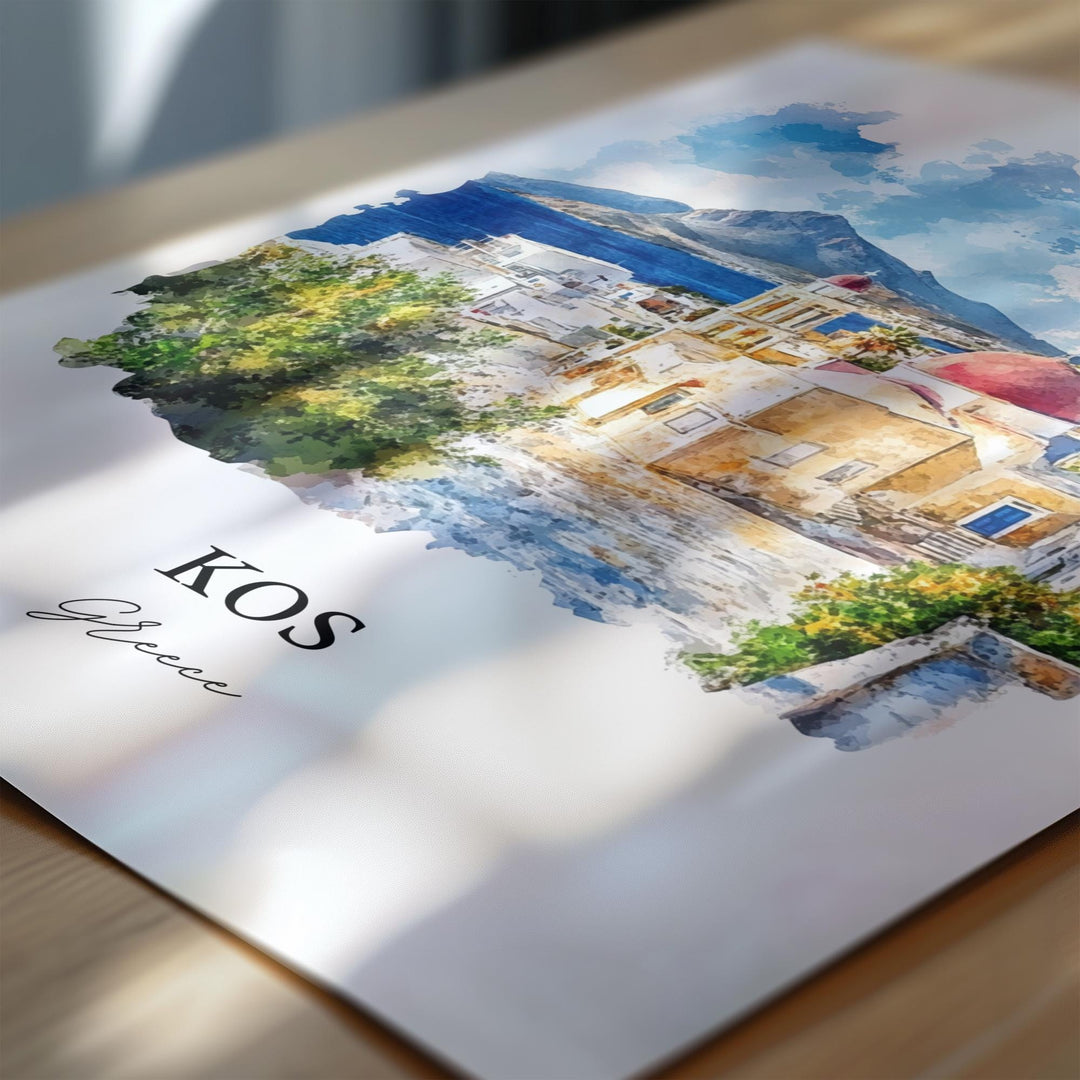 Kos Greece Wall Art, Dodecanese Islands Print, Greece Watercolor Art, Kos Greece Gift, Travel Print, Travel Poster, Housewarming Gift