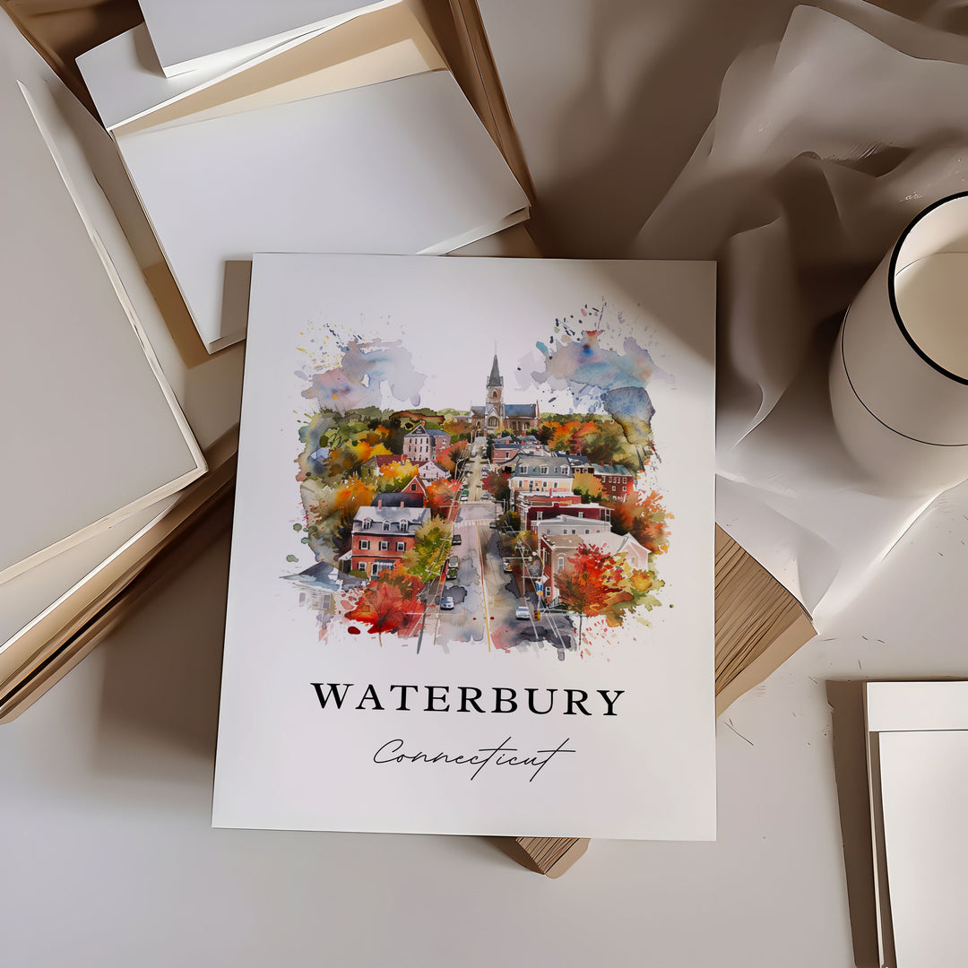 Waterbury CT Wall Art, Waterbury Print, Waterbury Watercolor Art, Waterbury Connecticut Gift,