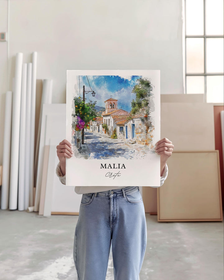 Malia Crete Wall Art, Malia Greece Print, Crete Watercolor Art, Crete Gift, Crete Travel Print, Travel Poster, Housewarming Gift