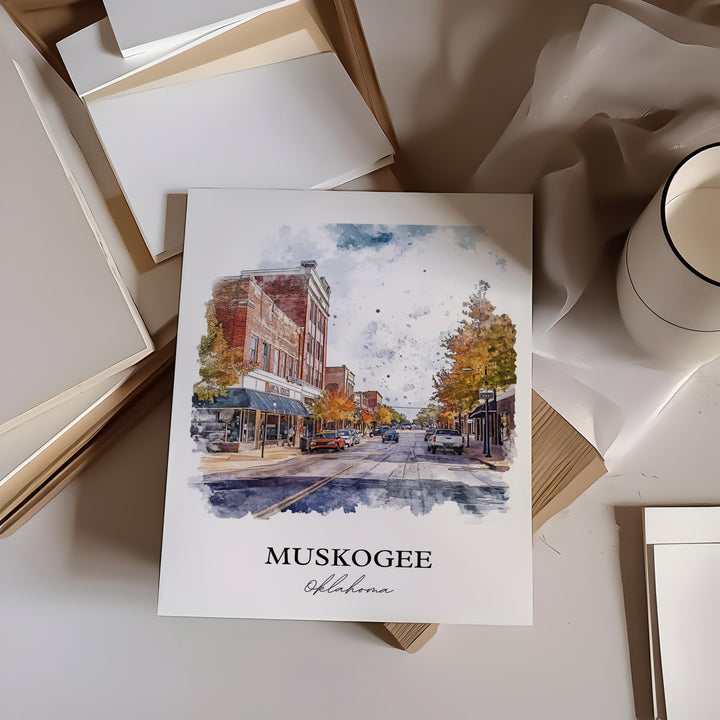 Muskogee OK Wall Art, Arkansas River Print, Oklahoma Watercolor Art, Muskogee OK Gift, Travel Print, Travel Poster, Housewarming Gift