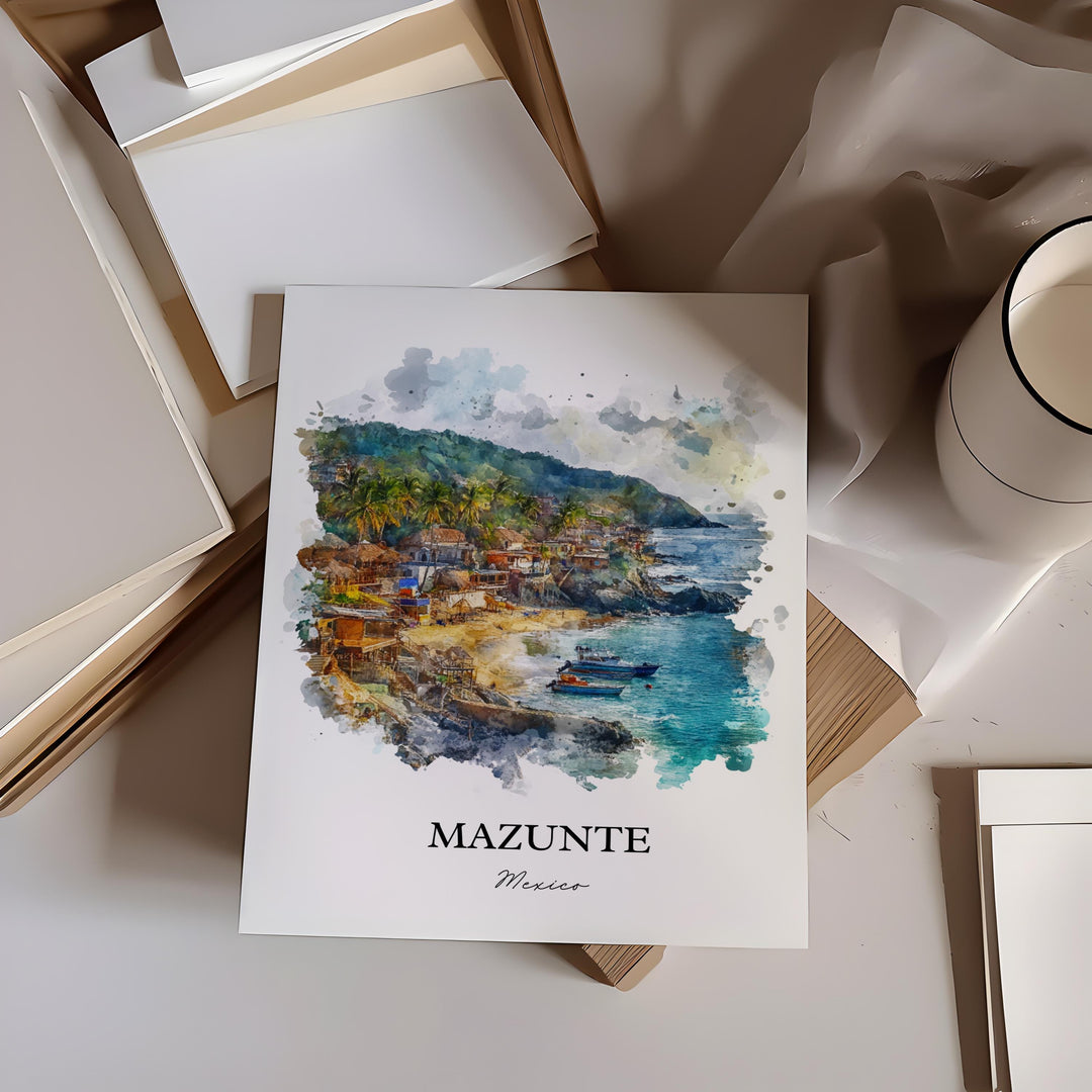 Mazunte Mexico Wall Art, Oaxaca Print, Mexico Watercolor Art, Mazunte Mexico Gift, Travel Print, Travel Poster, Housewarming Gift