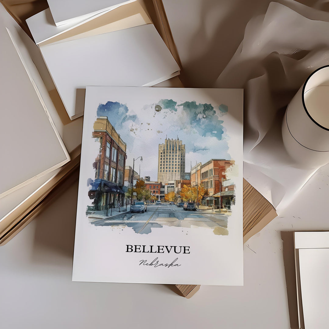 Bellevue NE Wall Art, Bellevue Nebraska Print, Nebraska Watercolor Art, Sarpy County Gift, Travel Print, Travel Poster, Housewarming Gift
