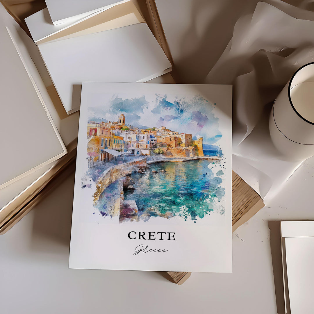 Crete Wall Art, Crete Greece Print, Crete Island Watercolor Art, Crete Greece Gift, Travel Print, Travel Poster, Housewarming Gift