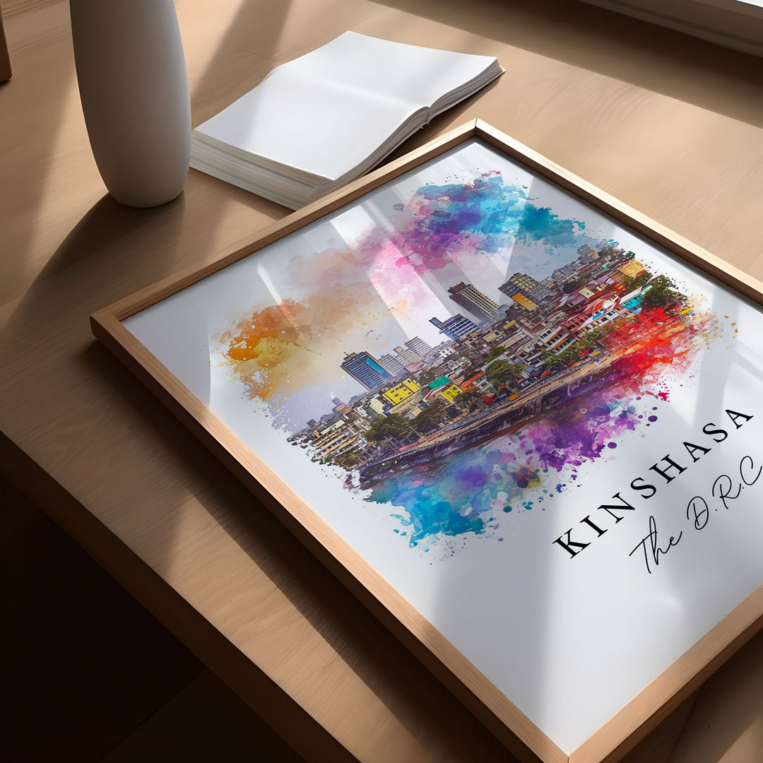 Kinshasa watercolor travel art - The DRC, Kinshasa print, Wedding gift, Birthday present, Custom Text, Perfect Gift