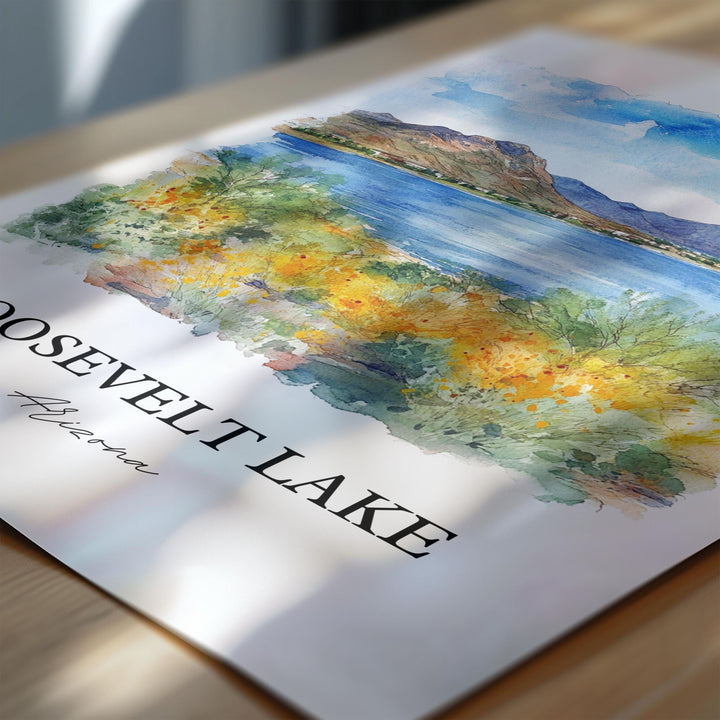 Roosevelt Lake Wall Art, Apache Junction Print, Arizona Watercolor Art, Roosevelt Lake Gift, Travel Print, Travel Poster, Housewarming Gift