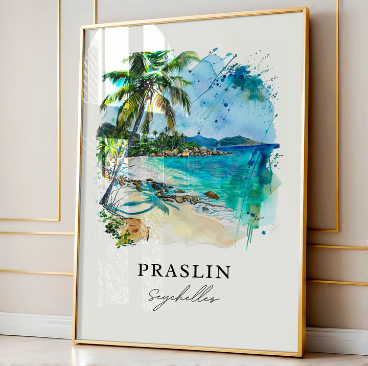 Praslin Seychelles Art, Praslin Print, Seychelles Watercolor Art, Seychelles Beach Gift,