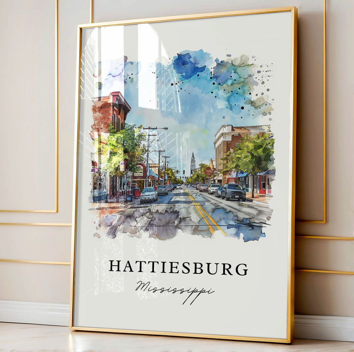 Hattiesburg MS Wall Art, Hattiesburg Print, Hattiesburg Mississippi Watercolor, Univ Mississippi Gift, MS Travel Poster, Housewarming Gift