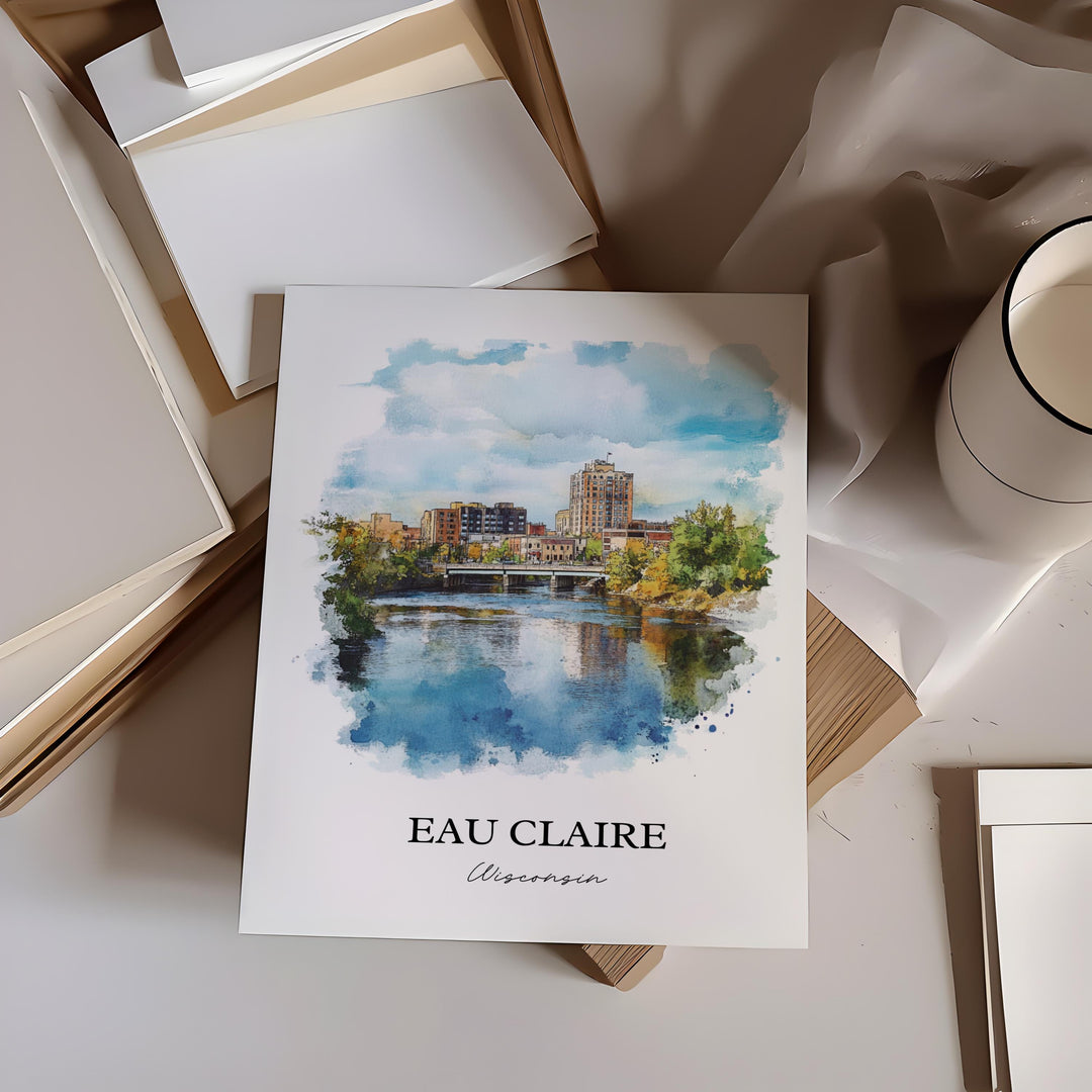 Eau Claire Wall Art, Eau Claire WI Print, Wisconsin Watercolor Art, Eau Claire WI Gift, Travel Print, Travel Poster, Housewarming Gift