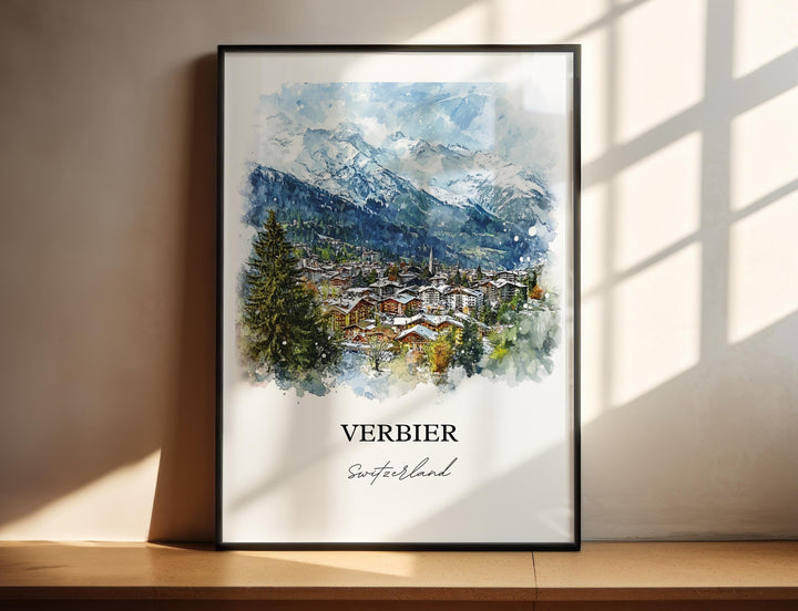Verbier Wall Art, Verbier Switzerland Print, Switzerland Watercolor Art, Valais Canton Gift, Travel Print, Travel Poster, Housewarming Gif
