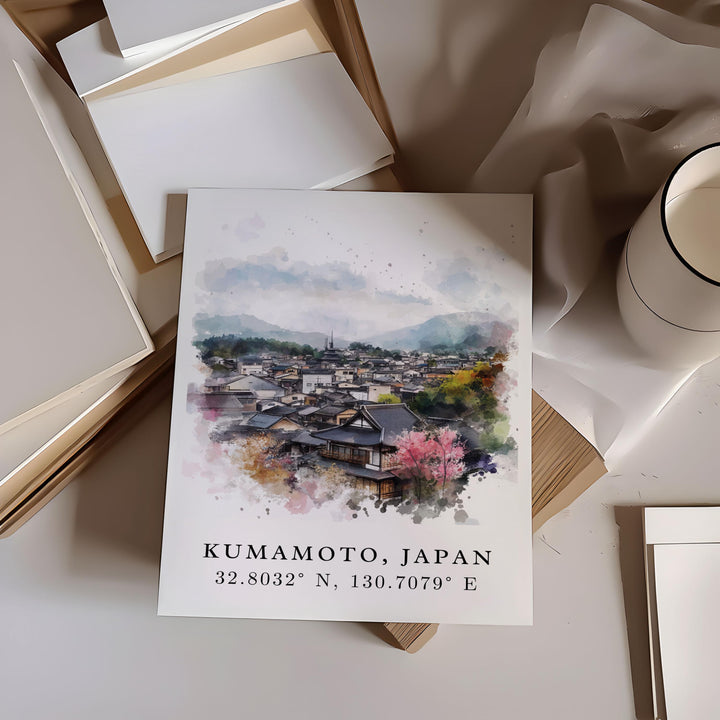 Kumamoto Wall Art, Kumamoto Print, Japan Watercolor Art, Kyushu Japan Gift, Travel Poster, Housewarming Gift