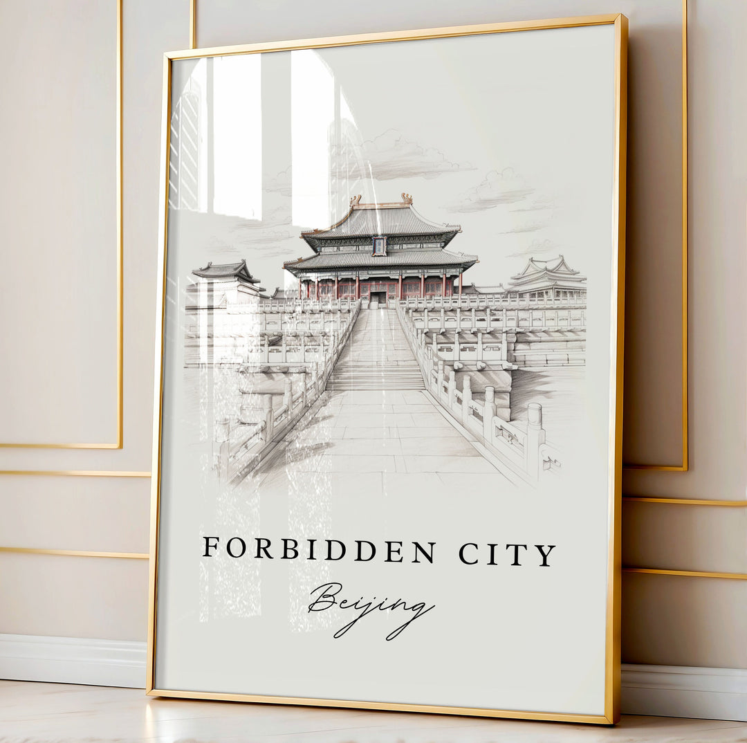 The Forbidden City China art - Beijing, Forbidden City sketch art, Beijing Wedding gift, Birthday present, Custom Text, Perfect Gift