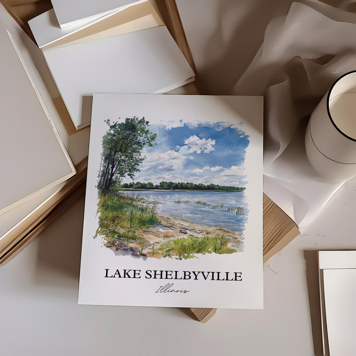 Lake Shelbyville Wall Art, Shelby County Print, Illinois Watercolor, Lake Shelbyville Gift, Travel Print, Travel Poster, Housewarming Gift