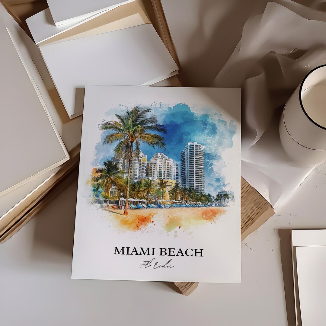 Miami Beach Wall Art, South Florida Print, Miami FL Watercolor Art, Miami Beach Gift, Travel Print, Travel Poster, Housewarming Gift