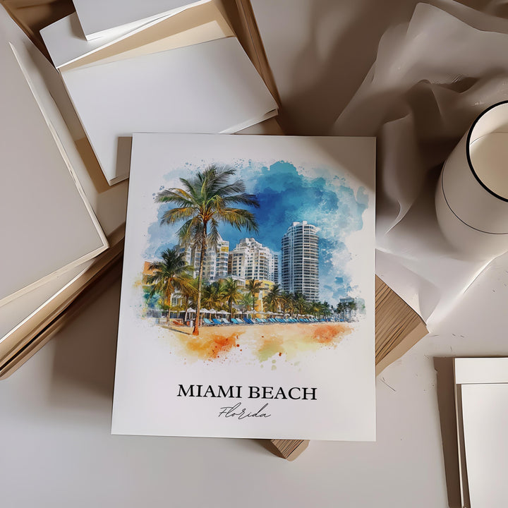 Miami Beach Wall Art, South Florida Print, Miami FL Watercolor Art, Miami Beach Gift, Travel Print, Travel Poster, Housewarming Gift