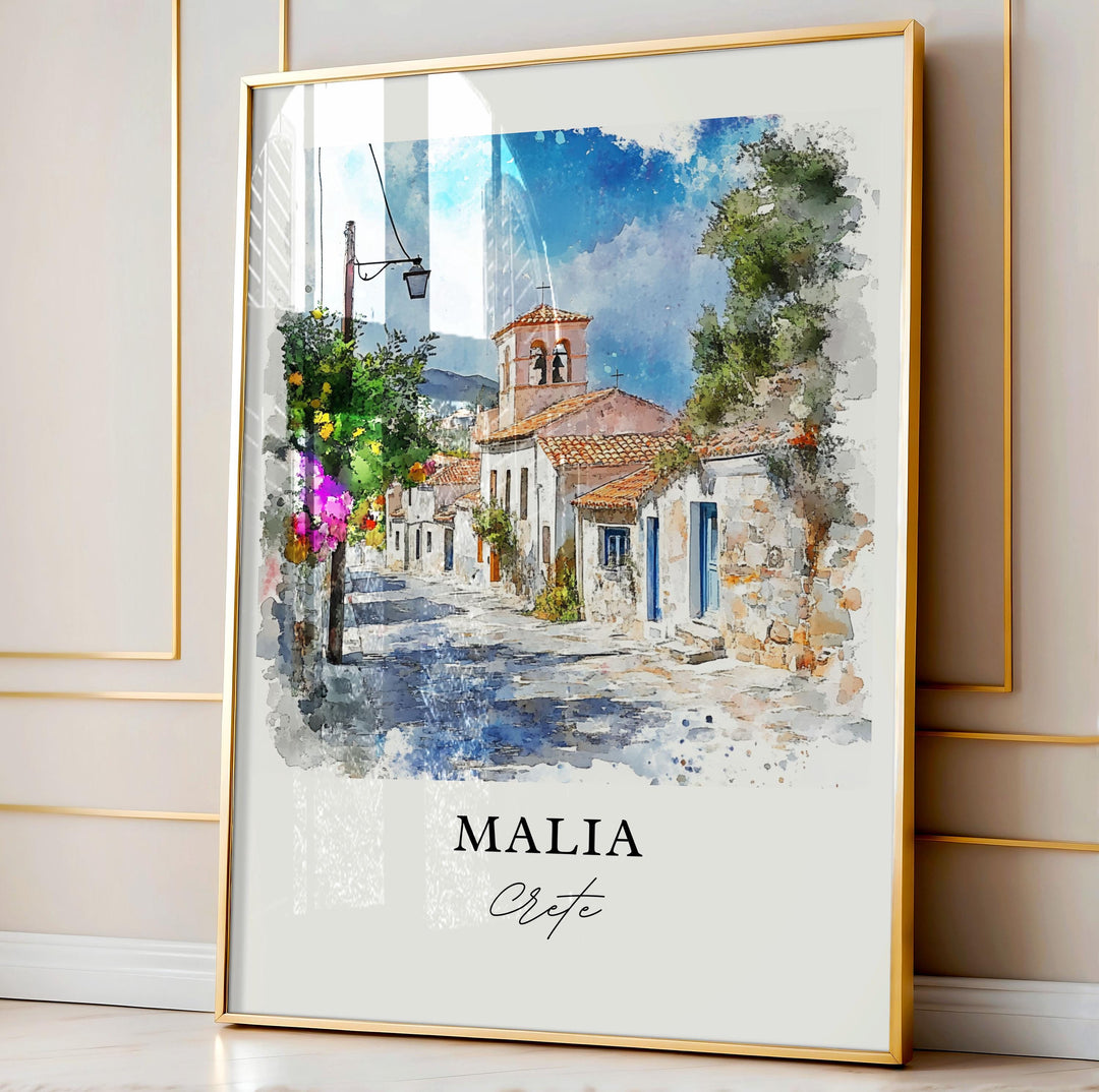 Malia Crete Wall Art, Malia Greece Print, Crete Watercolor Art, Crete Gift, Crete Travel Print, Travel Poster, Housewarming Gift