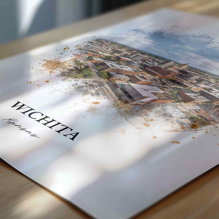 Wichita KS Wall Art, Wichita Print, Wichita Watercolor Art, Wichita Kansas Skyline Gift, Travel Print, Travel Poster, Housewarming Gift
