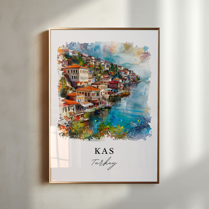 Kas Turkey Wall Art, Kas Print, Kas Coastal Town Watercolor, Bougainvillea flowers,