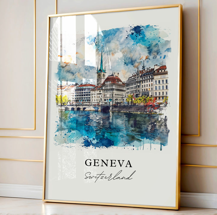 Geneva Wall Art, Geneva Switzerland Print, Geneva Watercolor, Geneva Gift,