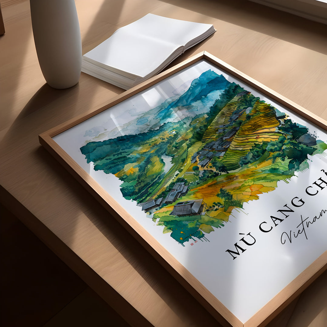 Mu Cang Chai Wall Art, Vietnam Print, Yên Bái Vietnam Watercolor, Vietnam Travel Gift,