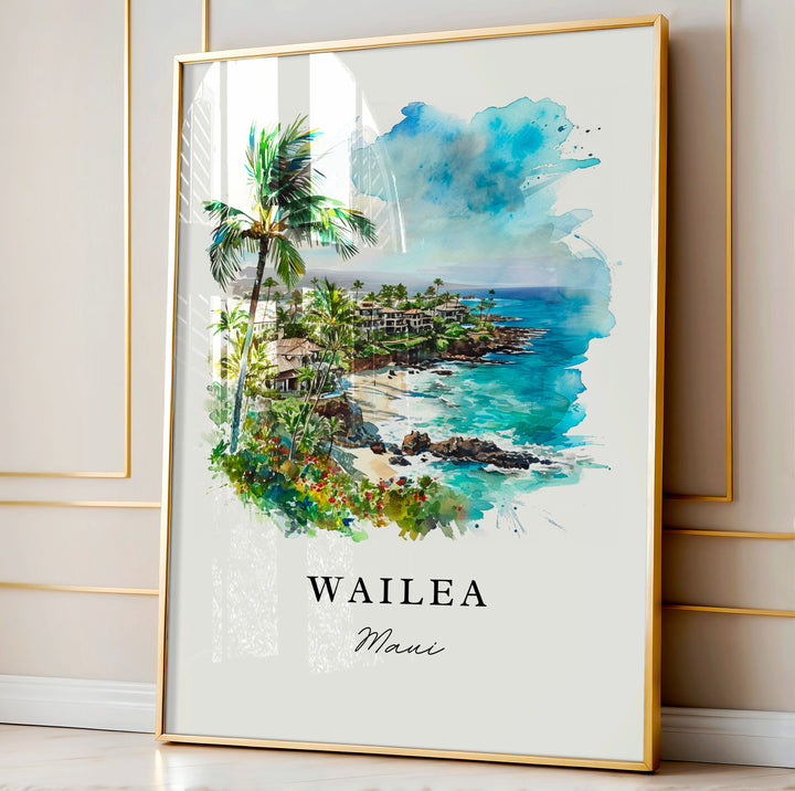 Wailea traditional travel art - Maui Hawaii, Wailea print, Wedding gift, Birthday present, Custom Text, Perfect Gift