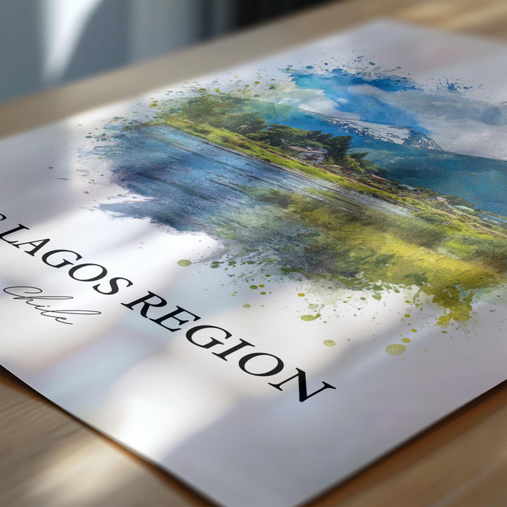 Los Lagos Region Wall Art, Los Lagos Print, Los Lagos Watercolor Art, Los Lagos Chile Gift, Travel Print, Travel Poster, Housewarming Gift