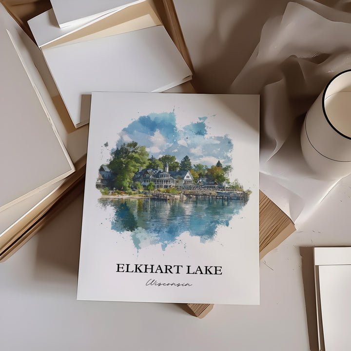 Elkhart Lake Wall Art, Sheboygan County Print, Wisconsin Watercolor Art, Elkhart Lake Gift, Travel Print, Travel Poster, Housewarming Gift
