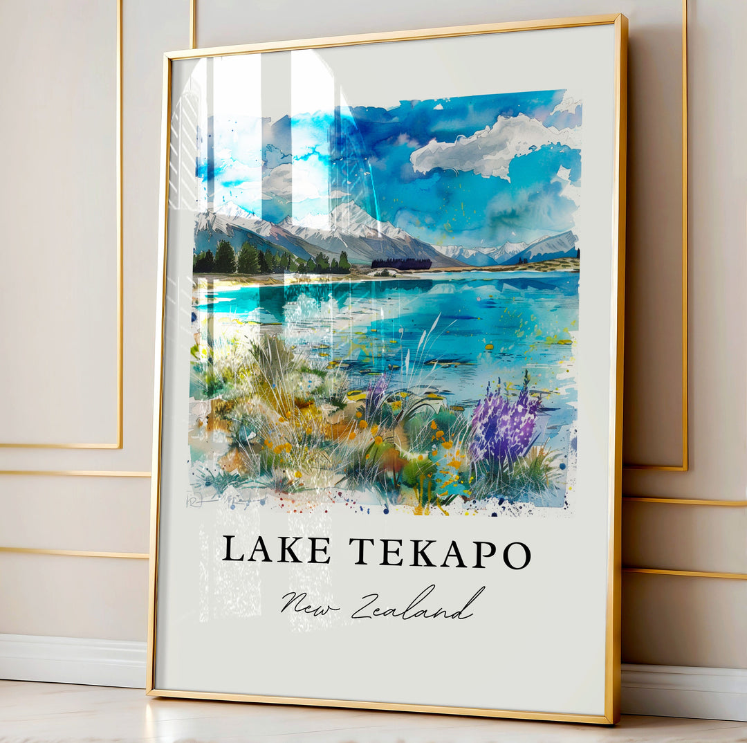 Lake Tekapo NZ Art, Lake Tekapo Print, South Island Watercolor Art, Takapo New Zealand Gift,