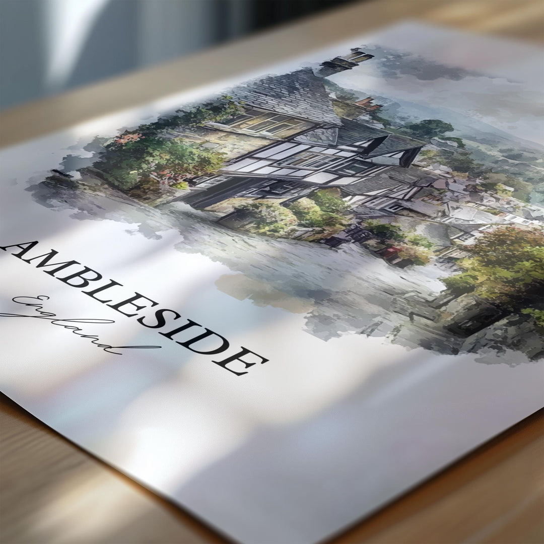 Ambleside Wall Art, Westmorland Print, England Watercolor Art, Ambleside England Gift, Travel Print, Travel Poster, Housewarming Gift