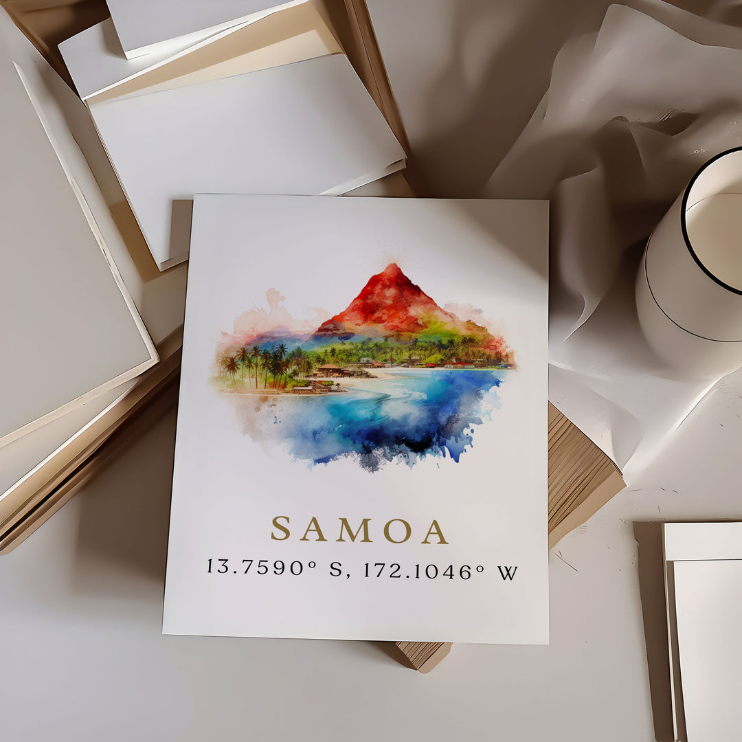 Samoa travel art - Samoa poster print with coordinates, Wedding gift, Birthday present, Custom Text, Perfect Gift