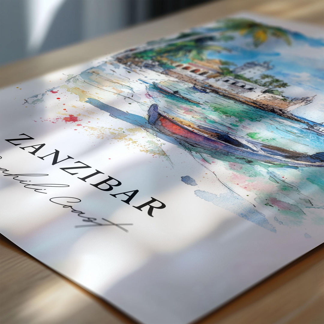 Zanzibar Wall Art, Zanzibar Island Print, Unguja Watercolor Art, Tanzania Gift, Travel Print, Travel Poster, Housewarming Gift