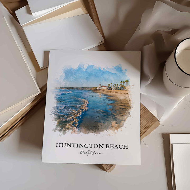 Huntington Beach Wall Art, California Print, Los Angeles Watercolor Art, LA Gift, Travel Print, Travel Poster, Housewarming Gift