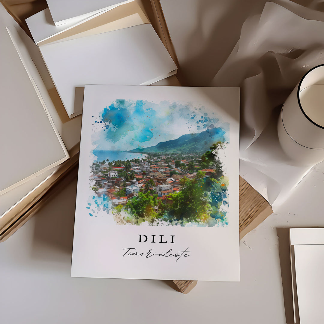 Dili watercolor art - Timor-Leste, Dili print, Dili Wedding gift, Timor-Leste Birthday present, Custom Text, Perfect Gift